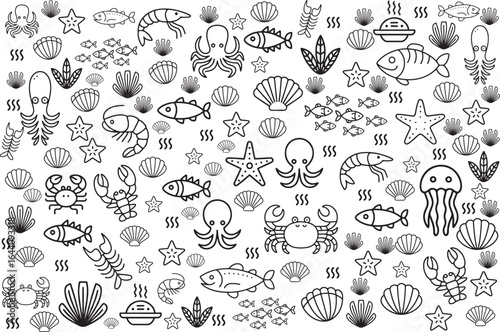 Sea Life Seamless Pattern with Fish Starfish Shells and More in Black and White Illustration for Kids Crafts and Designs