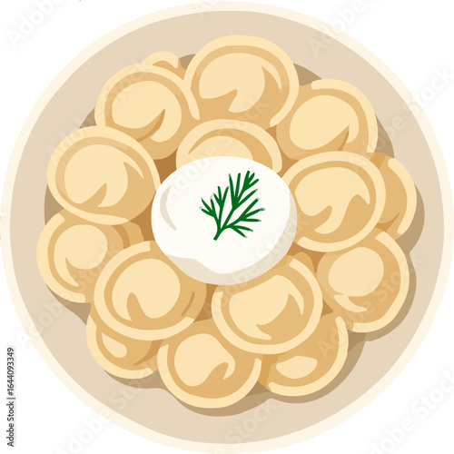 Classic Boiled Dumplings with Sour Cream and Dill Vector Illustration, Plate of Dumplings