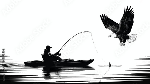 Kayaker Fishing with an Eagle Overhead Black and White Illustration Sport Fishing Activity in a Serene Waterscape