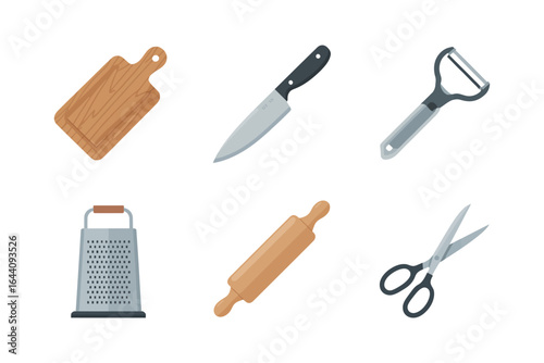 Prep station icons, board knife peeler grater rolling pin scissors, cooking tools vector, home kitchen essentials