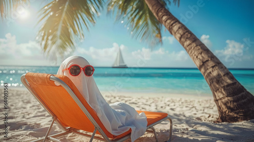 Halloween Ghost figure relaxing on a beach chair under palm trees, wearing sunglasses, enjoying a sunny day by the ocean, embodying a playful Halloween spirit