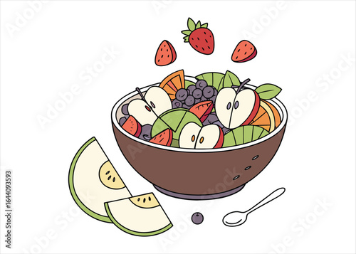 Colorful Fruit Salad Bowl Illustration with Fresh Strawberries Apples Oranges and Blueberries for Healthy Eating and Delicious Dessert