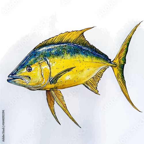 Mahi-mahi, watercolor vector, isolated on a white background.