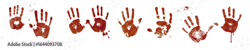 Realistic bloody handprints and splatter on transparent background for horror and Halloween design