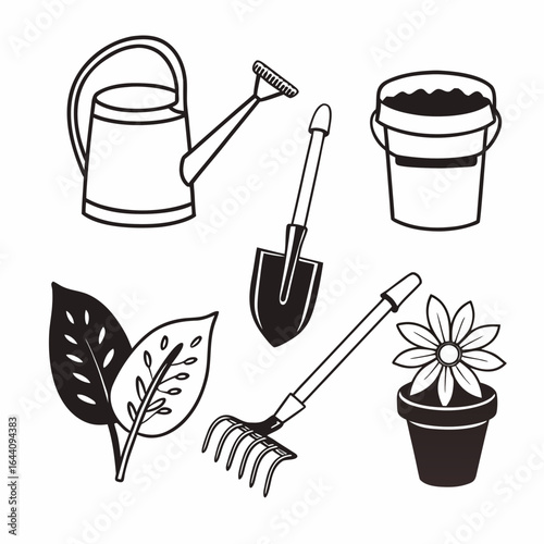 Gardening tools and plants isolated on white background in a handdrawn style for your projects