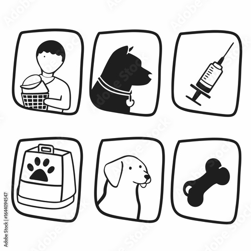 A set of six pet related icons showing pet owner, dog, syringe, carrier, puppy and bone isolated on white background