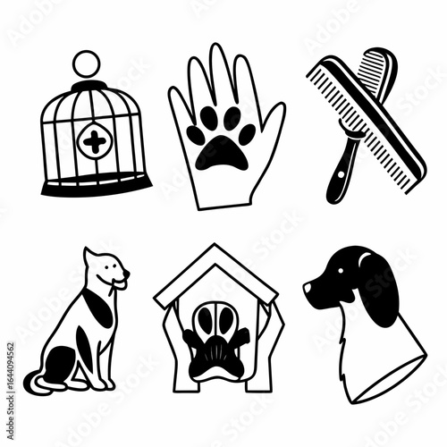 Pet care icons depicting dog, cat, cage, grooming and other related symbols isolated on white background
