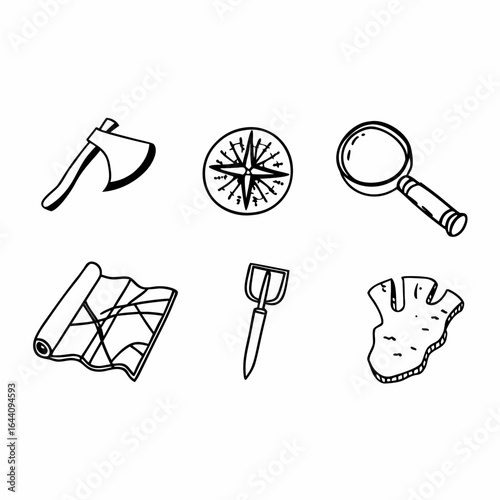 Archaeological tools and finds including an axe, compass, map and fossil isolated on white background