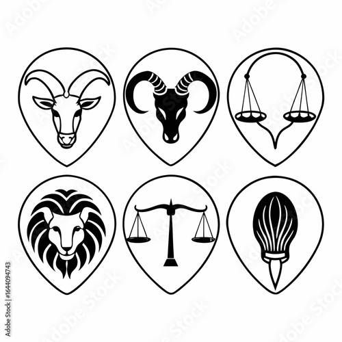 Collection of astrological symbols isolated on white background representing zodiac signs and elements