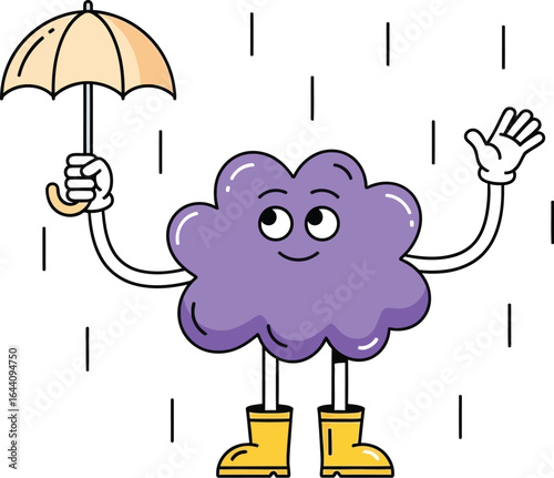 Cartoon cloud character with umbrella in rain vector illustration