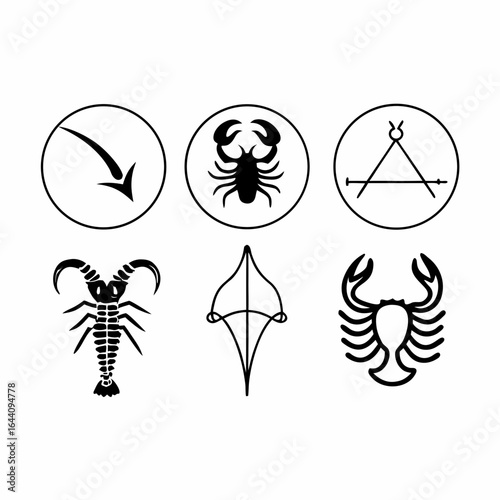 Zodiac signs isolated on white background depicting scorpio, sagittarius and capricorn symbols
