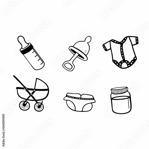 A set of baby essentials including a bottle, pacifier, onesie, stroller, diaper, and jar isolated on white background