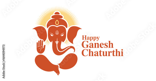Happy Ganesh Chaturthi greeting card with elegant reddish-orange line art of Lord Ganesha, symbolic items, and festive blessings