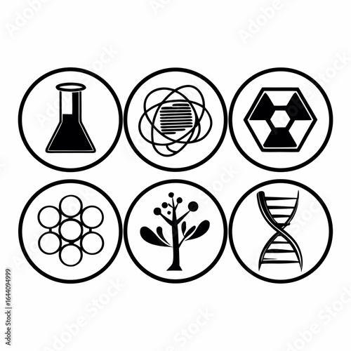 Set of science and research icons representing different fields isolated on white background