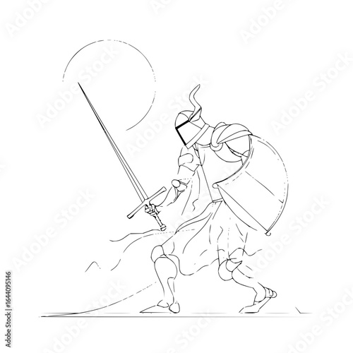 Line art drawing of a knight in armor holding a sword with a circle in the background in black and white
