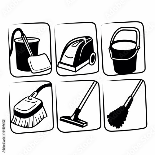 Cleaning tools in square frames isolated on white background for housework concept and hygiene