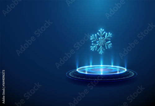 Snowflake on futuristic podium. Climate change, environmental protection, cryogenic technologies, medical cryopreservation concept.