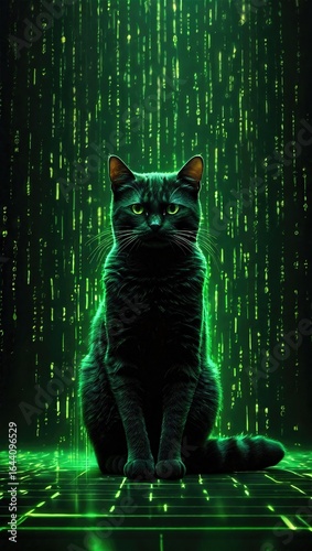 Mysterious black cat with glowing green eyes amidst an intricate green binary code background. Cyber attack concept, online security.