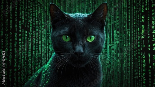 Mysterious black cat with glowing green eyes amidst an intricate green binary code background. Cyber attack concept, online security.