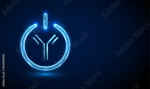 Abstract power button with antibody symbol inside. Activation of immune system, immunotherapy, biotechnology innovation, personalized medicine, biomedical device concept.