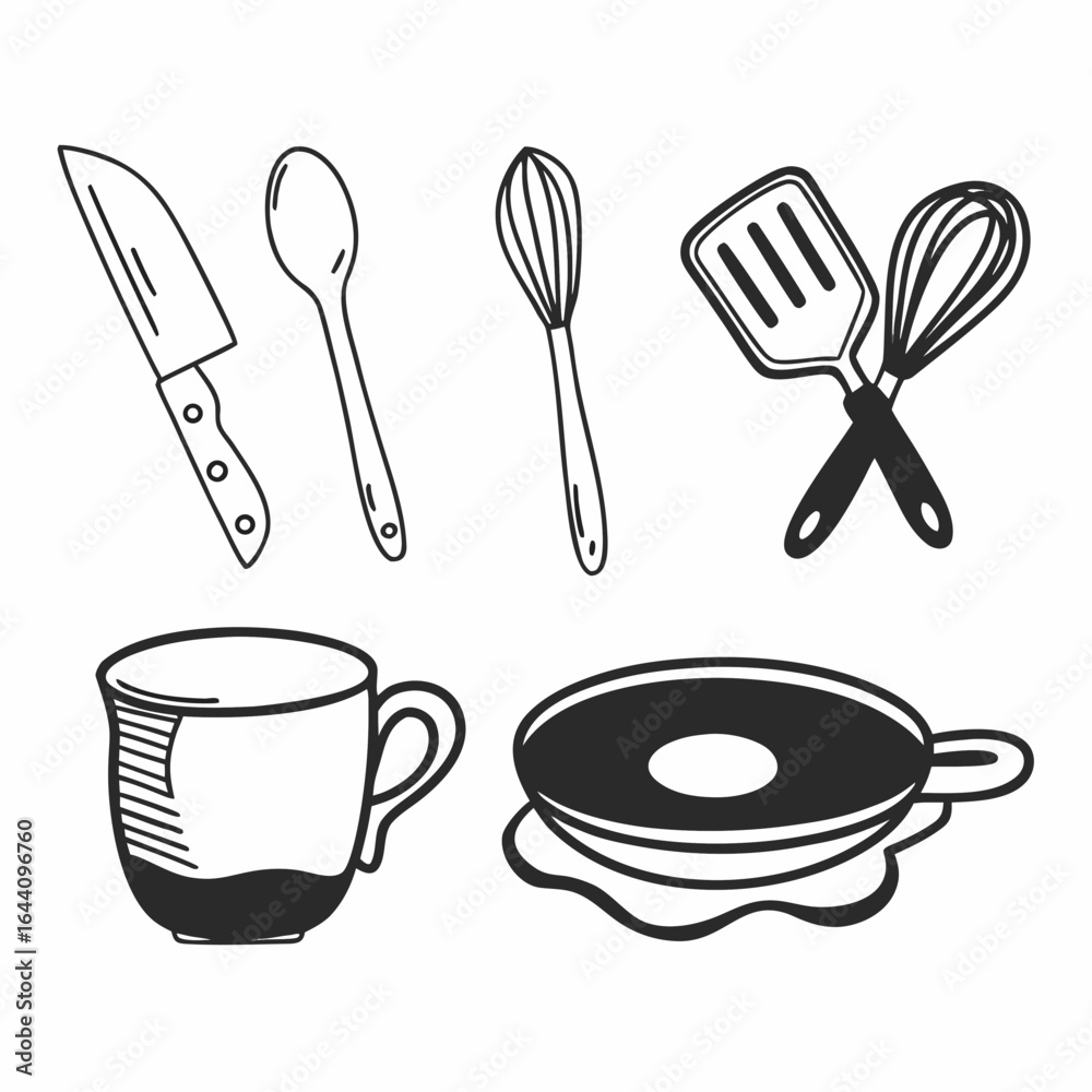 Hand drawn kitchen utensils isolated on white background, perfect for culinary designs and illustrations Hand drawn kitchen utensils isolated on white background, perfect for culinary designs and illustrations