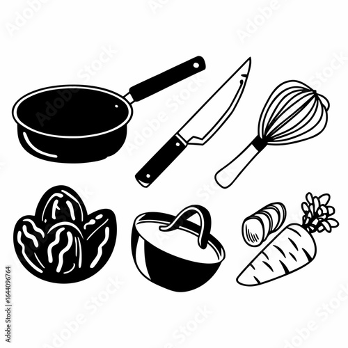 Hand drawn kitchen tools and food ingredients isolated on white background for culinary projects