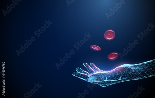 Red blood cells flying above open human hand. Blood health, transfusion, medical treatment, hematology care, personalized medicine, blood therapy, health support concept.
