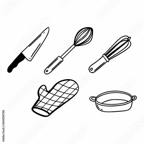 Illustration of knife, whisks, glove and pot isolated on white background for cooking