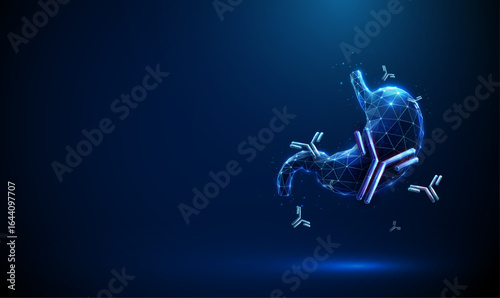 Human stomach with floating antibodies Autoimmune gastritis, Helicobacter pylori infection, vaccine prevention, antibody therapy, immunomodulation, biotechnology concept.