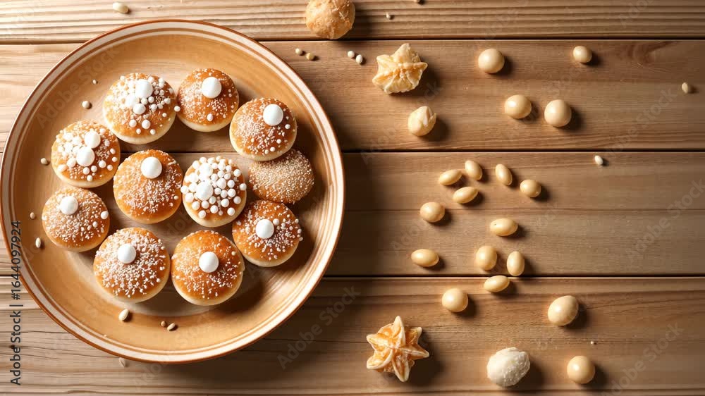 Colorful cookies are beautifully arranged on a wooden plate surrounded by more cookies, exuding a tempting aroma