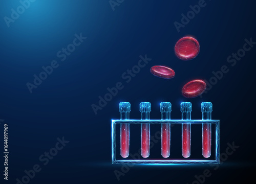 Blood test tubes rack with flying red blood cells around. Hematology analysis, blood diagnostics, laboratory testing, medical research, personalized medicine concept.