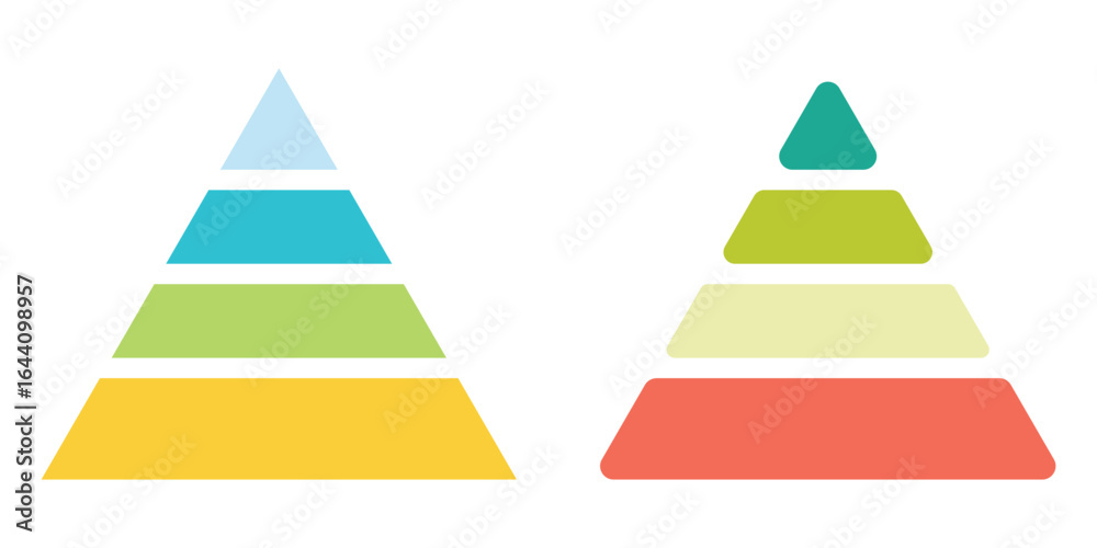 Fototapeta premium Triangular pyramid infographic vector icon. Set of 2 pyramid infographic collection. Triangle hierarchy collection on white background. Double triangular pyramid icon. EPS 10.