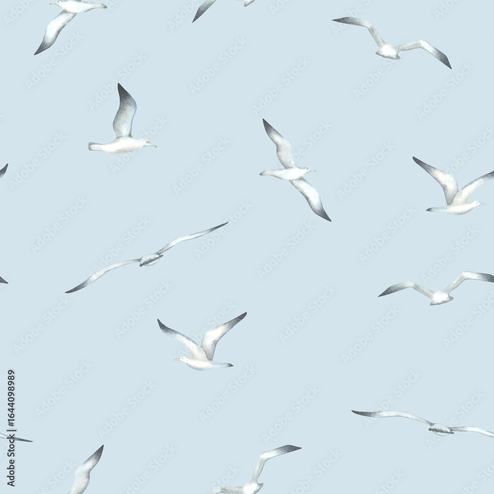 Obraz premium Seamless pattern with flying seagulls. Hand drawn watercolor illustration of sea birds on blue background. Nautical ornament for Baby design, wallpaper, textiles, wrapping paper in monochrome colors