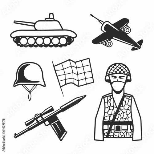 Collection of military icons featuring tank, jet, soldier, helmet, weapon and flag isolated on white background