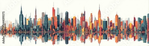 Colorful skyline of a bustling city reflects beautifully in calm water at sunset