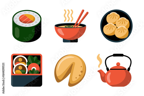 Sushi and noodle bowl icons, bento box dumplings fortune cookie vector, teapot illustration, asian food clipart, cafe menu design