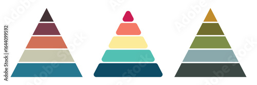 Triangular pyramid infographic vector icon of set 3.  Pyramid infographic templates collection on white background. Triple set of pyramid collections. EPS 10.
