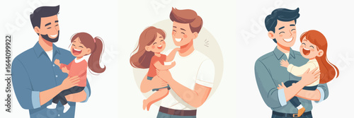 Colorful Smiling Father Holding Daughter Set Illustration for Happy Fathers Day