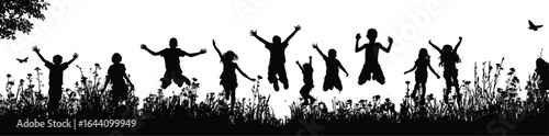 A group of joyful kids jumping in silhouette against a white background. Vector illustration of childhood freedom in a grassy field.