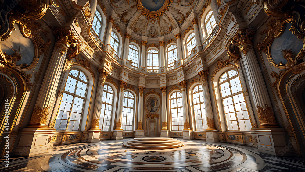 Obraz premium Opulent Palace Interior with Golden Ornate Details and Natural Light Streaming Through Large Windows creating a Luxurious Atmosphere