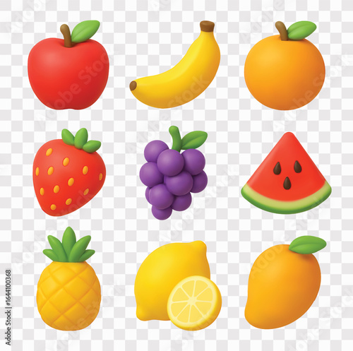 Fresh Fruit Vector Icon Set | 3D icon set | Apple, Banana, Orange, Strawberry, Bunch of Grapes, Slice of Watermelon, Pineapple, Lemon with a slice, Mango