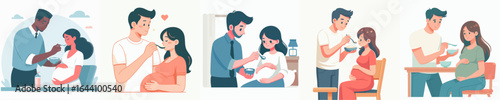 Gentle Flat Illustration of Husband Feeding his Pregnant Wife Set Design