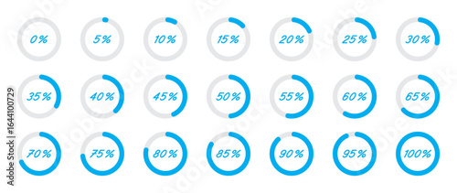 Loading circle progress 0-100% blue icon set. Download progress symbol. Indicator icons. 0, 5, 10, 15, 20, 25, 30, 35, 40, 45, 50, 55, 60, 65, 70, 75, 80, 85, 90, 95, 100 percent. Vector illustration.