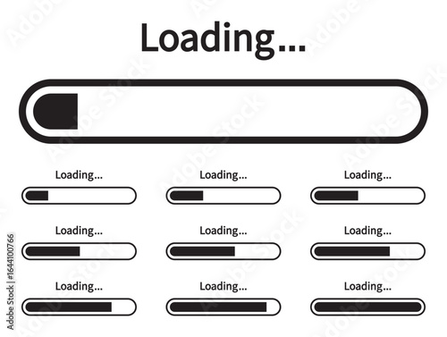Loading bar black icon collection. Download progress symbol. Indicator loading icons. Different design options. Elements for apps, interface, business and project. Flat design. Vector illustration.