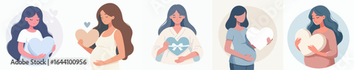 Artistic Flat Illustration of Pregnant Woman Holding Heart Shape Symbol Set
