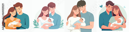 Cartoon Loving Couple Holding Newborn Baby with Minimalist Style Illustration