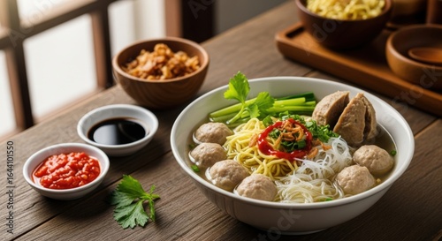 noodle with meatball and vegetables