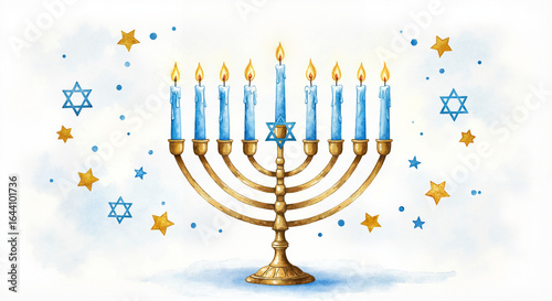 Watercolor menorah with blue candles and Stars of David, peaceful and festive mood on light background