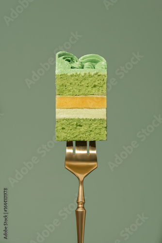 Layered bento cake featuring vibrant mango and passion fruit filling, topped with creamy pistachio frosting, elegantly presented on a golden fork against a soft green backdrop