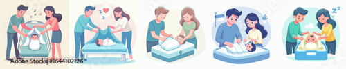 Cute Cartoon Illustration of Parents Taking Care of Their Newborn Baby